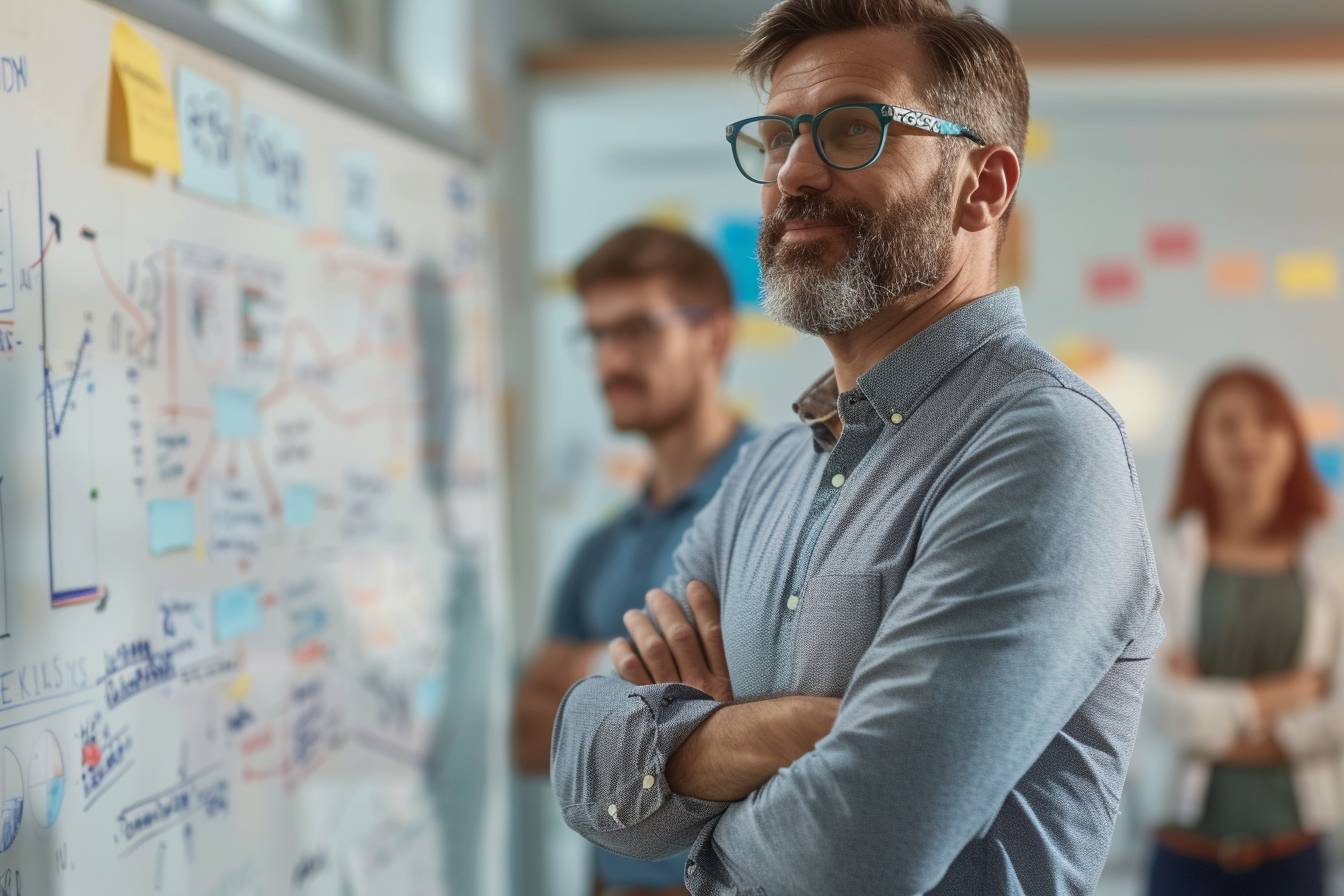 A thoughtful man with glasses stands in front of a whiteboard covered in colorful notes and diagrams, while colleagues observe in the background.