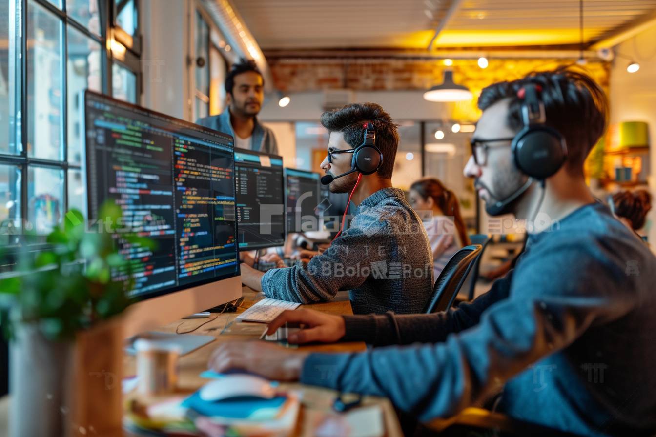 A group of programmers work intently at computers with multiple screens, wearing headphones in a modern, collaborative office space.