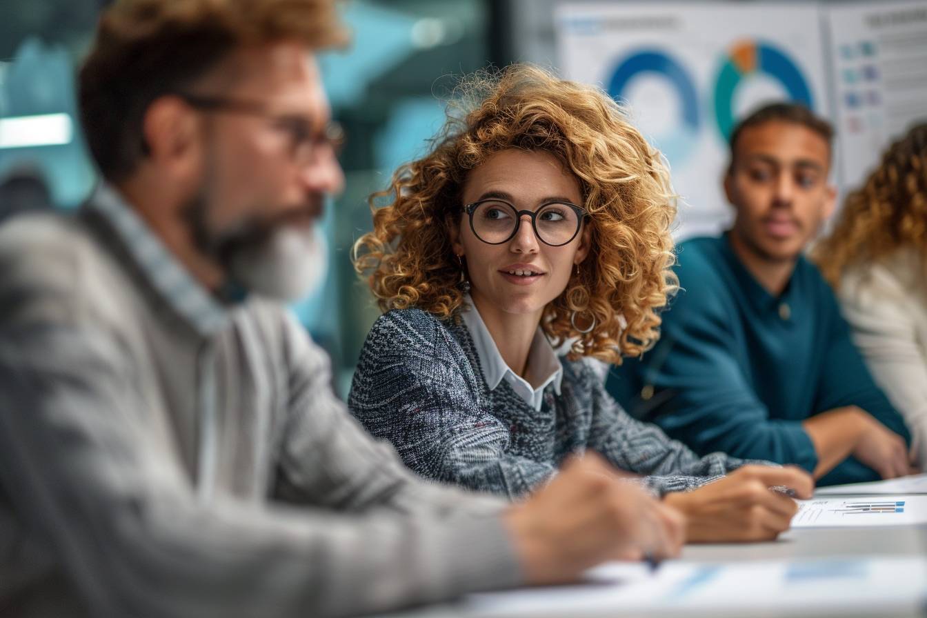 A group of professionals engaged in a meeting, featuring a young woman with curly hair and glasses, focusing on discussion and collaboration.