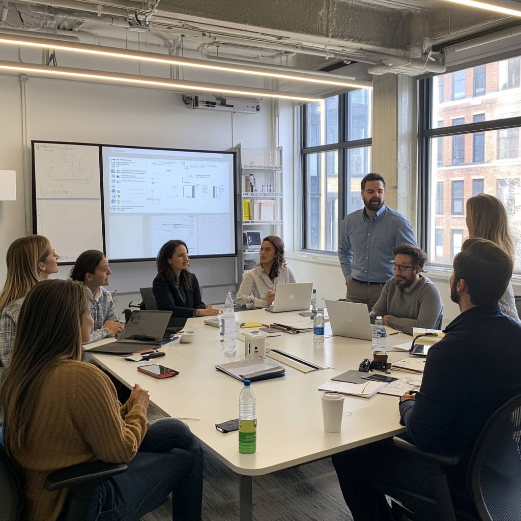 A diverse group of professionals engaged in a meeting around a conference table, with laptops and documents present, and a presentation on the screen.