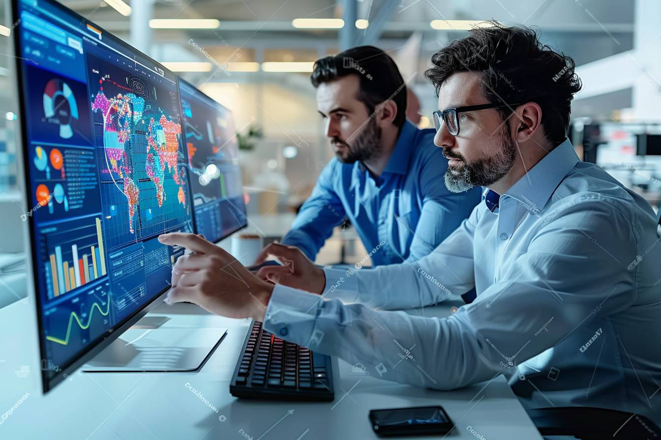 Two men in a modern office setting analyze data on large screens, displaying colorful maps and graphs, focusing intently on their work.