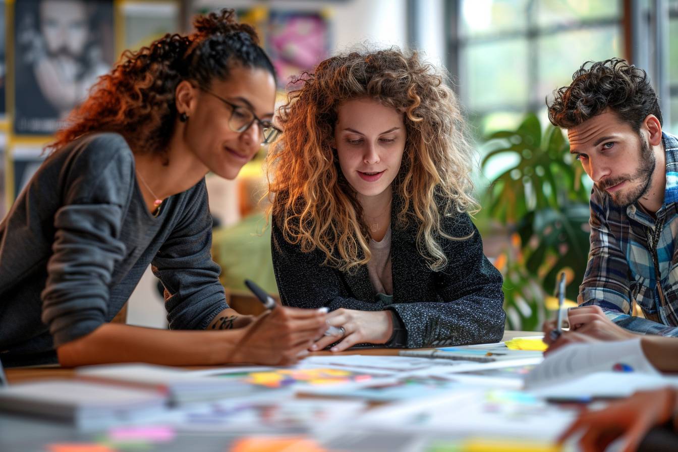 A group of three diverse individuals collaborating around a table filled with colorful notes and sketches, engaged in creative brainstorming.