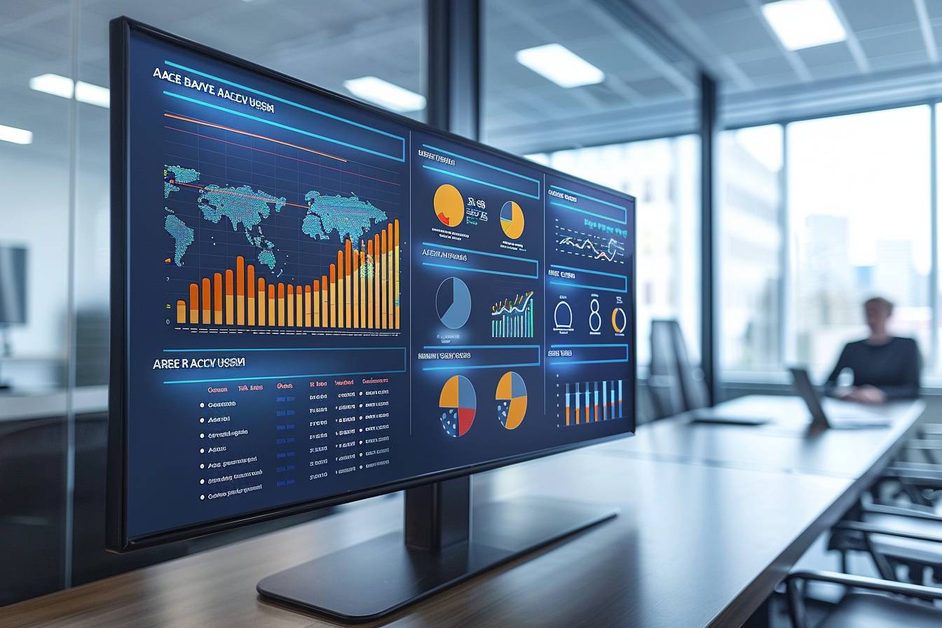 A modern office setting featuring a large monitor displaying various data visualizations, charts, and a world map for analysis and insights.