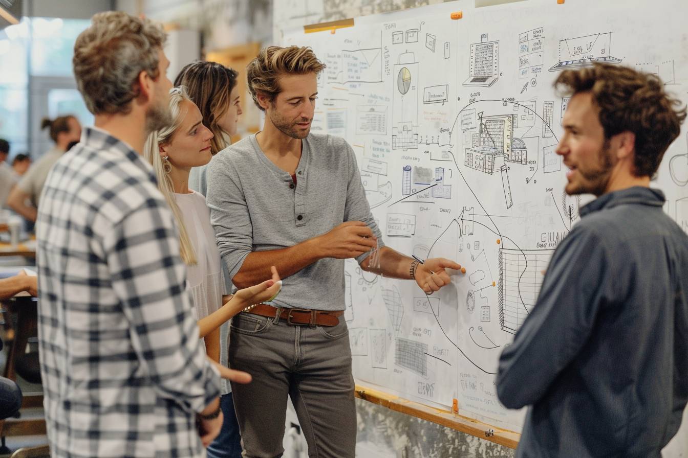 A group of four people collaborates around a large whiteboard filled with sketches and diagrams, discussing ideas in a creative workspace.
