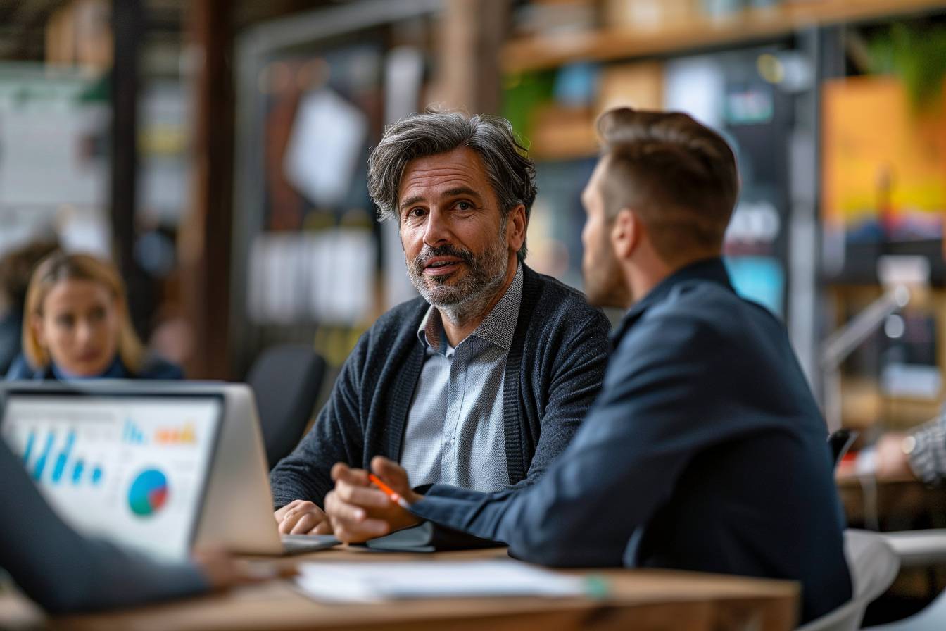 A man with gray hair and a beard talks thoughtfully to another man in a modern office setting, with business reports displayed on a laptop.