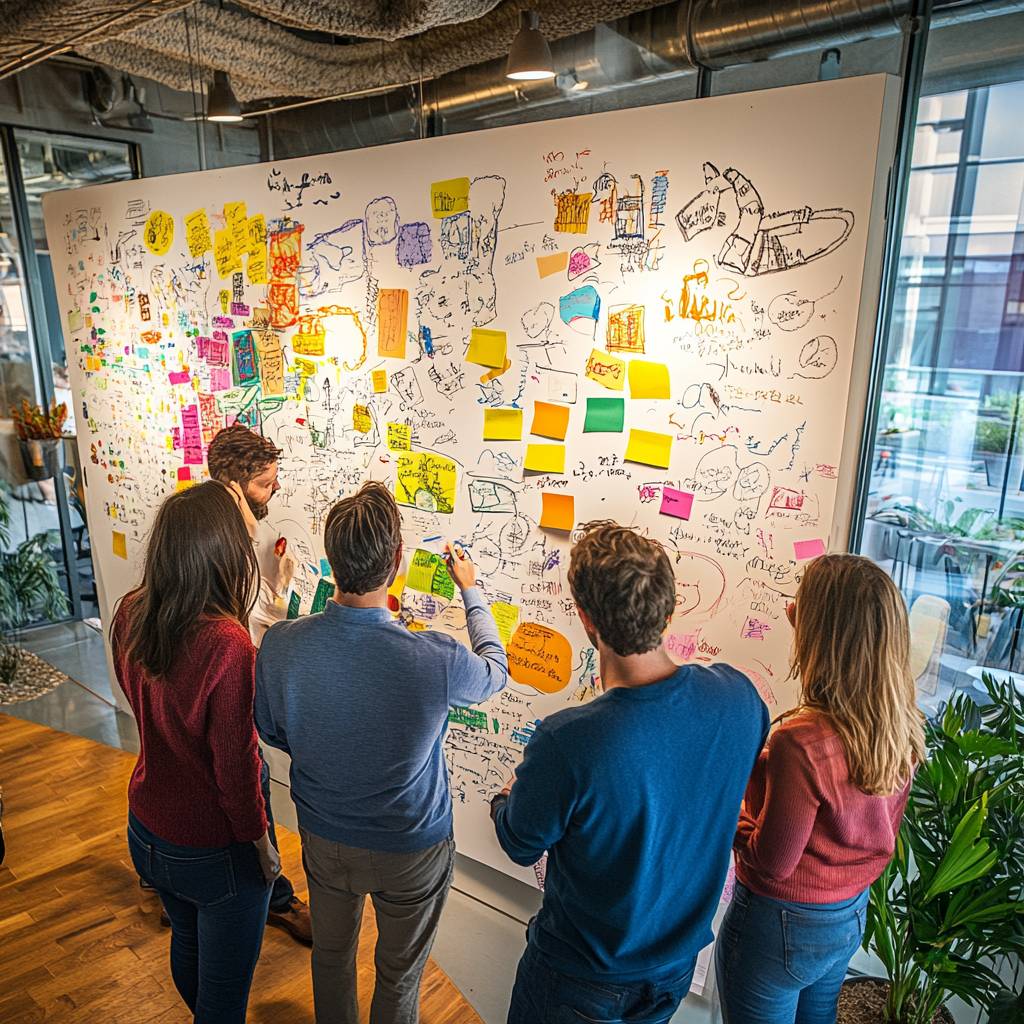 A group of four diverse individuals collaborates around a whiteboard filled with colorful sticky notes and sketches, brainstorming ideas.