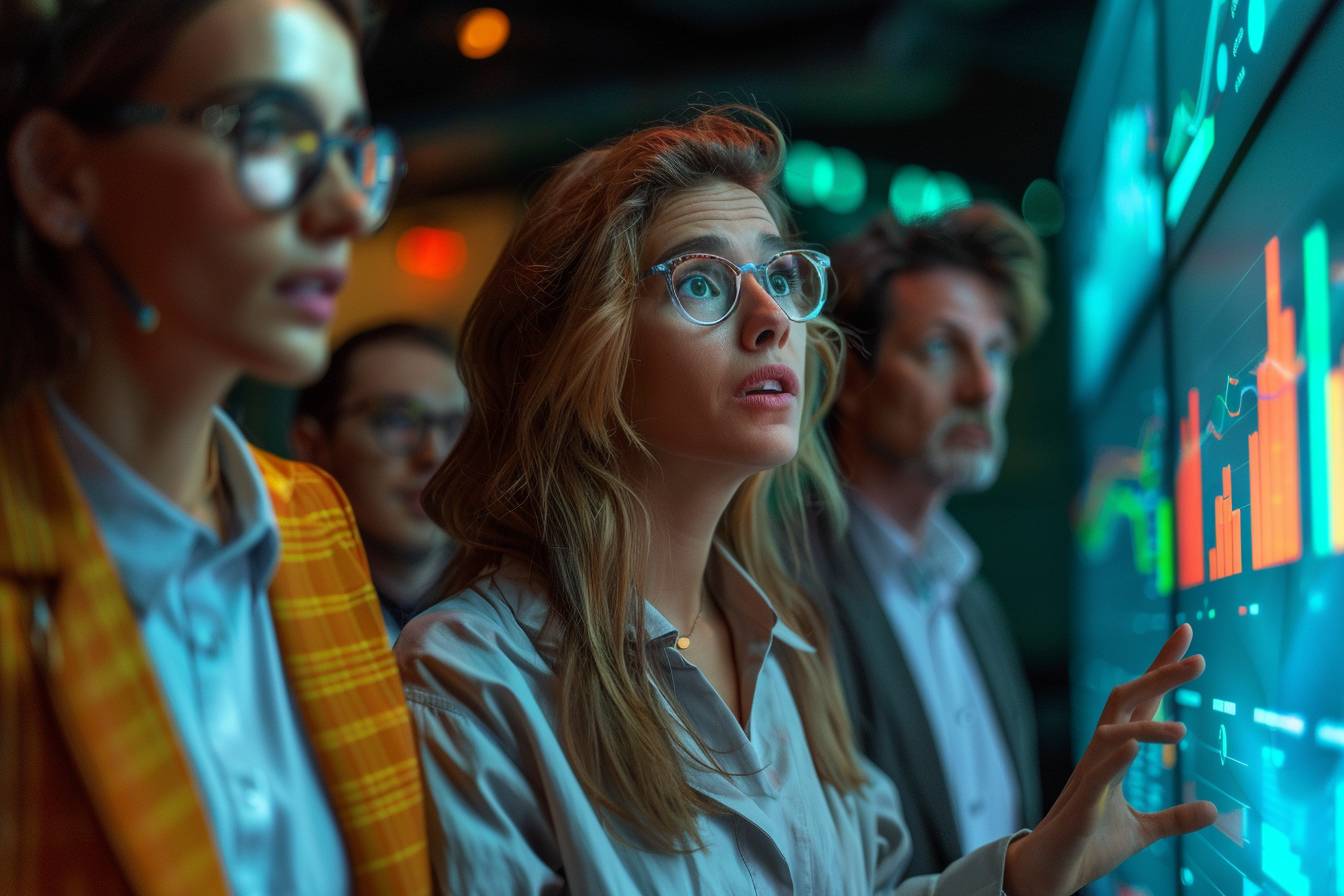 A group of professionals, focused and engaged, analyze dynamic data displays on screens, showcasing graphs and analytics in a modern workspace.