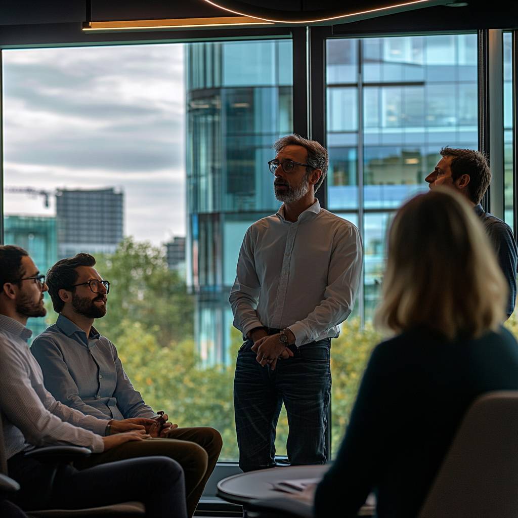 A group of professionals engaged in discussion in a modern office setting, with tall windows showcasing a cityscape in the background.