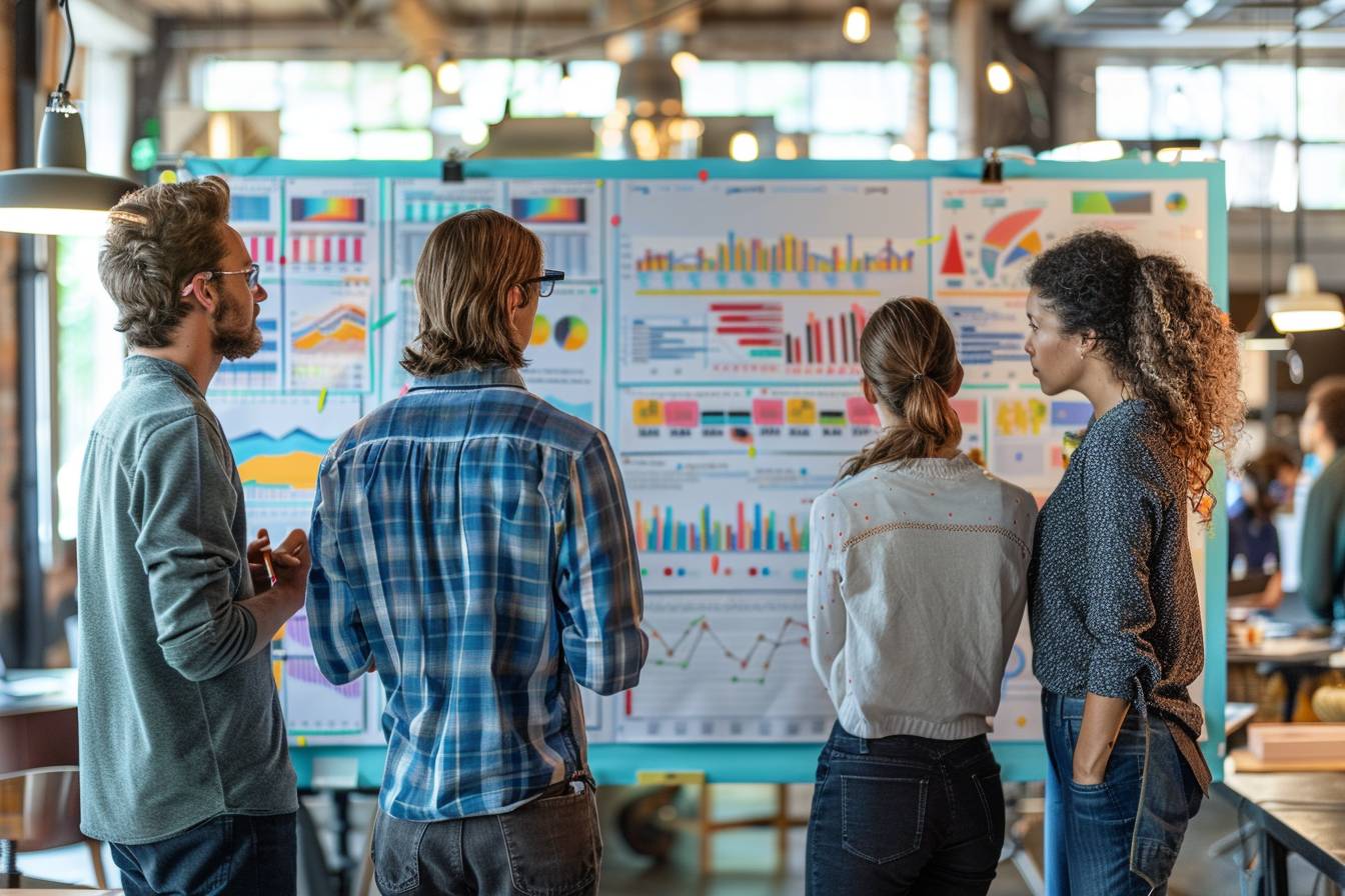 A group of four professionals in a creative workspace reviewing colorful data charts and graphs displayed on a large board.
