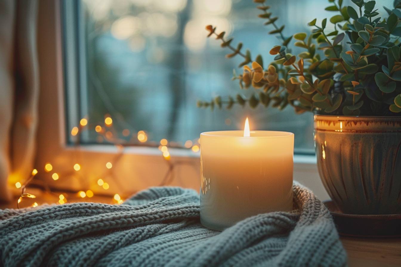 A softly lit candle next to a potted plant, surrounded by a warm knitted blanket and twinkling fairy lights, creating a cozy atmosphere by the window.