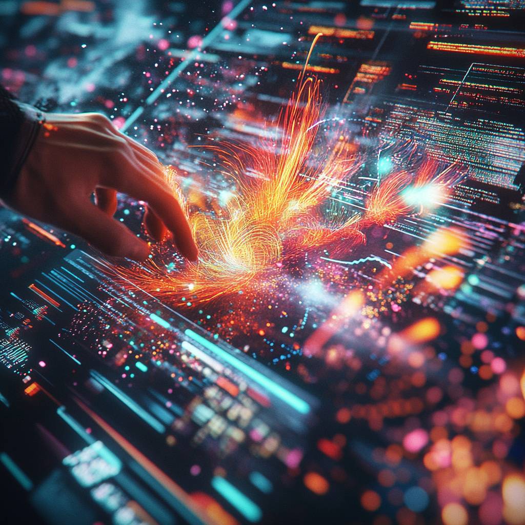 A hand gently touches a glowing, interactive digital display filled with vibrant colors, data visualizations, and swirling sparks of light.