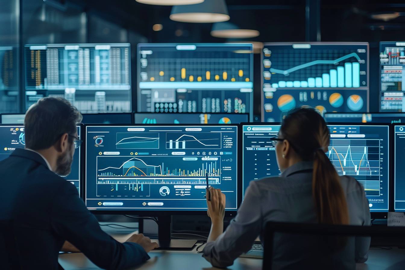 A man and a woman analyze data on multiple high-tech monitors in a modern office setting, surrounded by digital charts and graphs.
