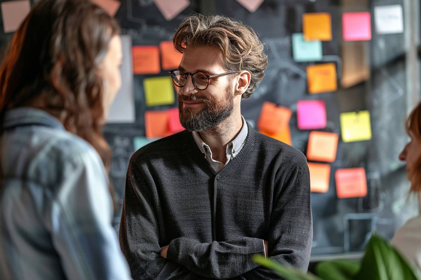 A well-dressed man with glasses smiles while engaging in conversation with two women, surrounded by colorful sticky notes on a wall.