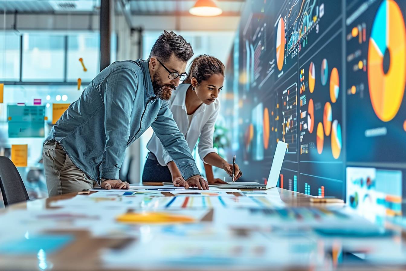 Two professionals collaborate in a modern office, focusing on data analysis displayed on a laptop and wall screens, surrounded by charts and documents.