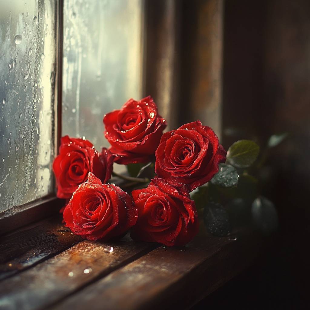 A bouquet of red roses resting on a wooden windowsill, with droplets of water on the glass and roses, creating a romantic and serene atmosphere.