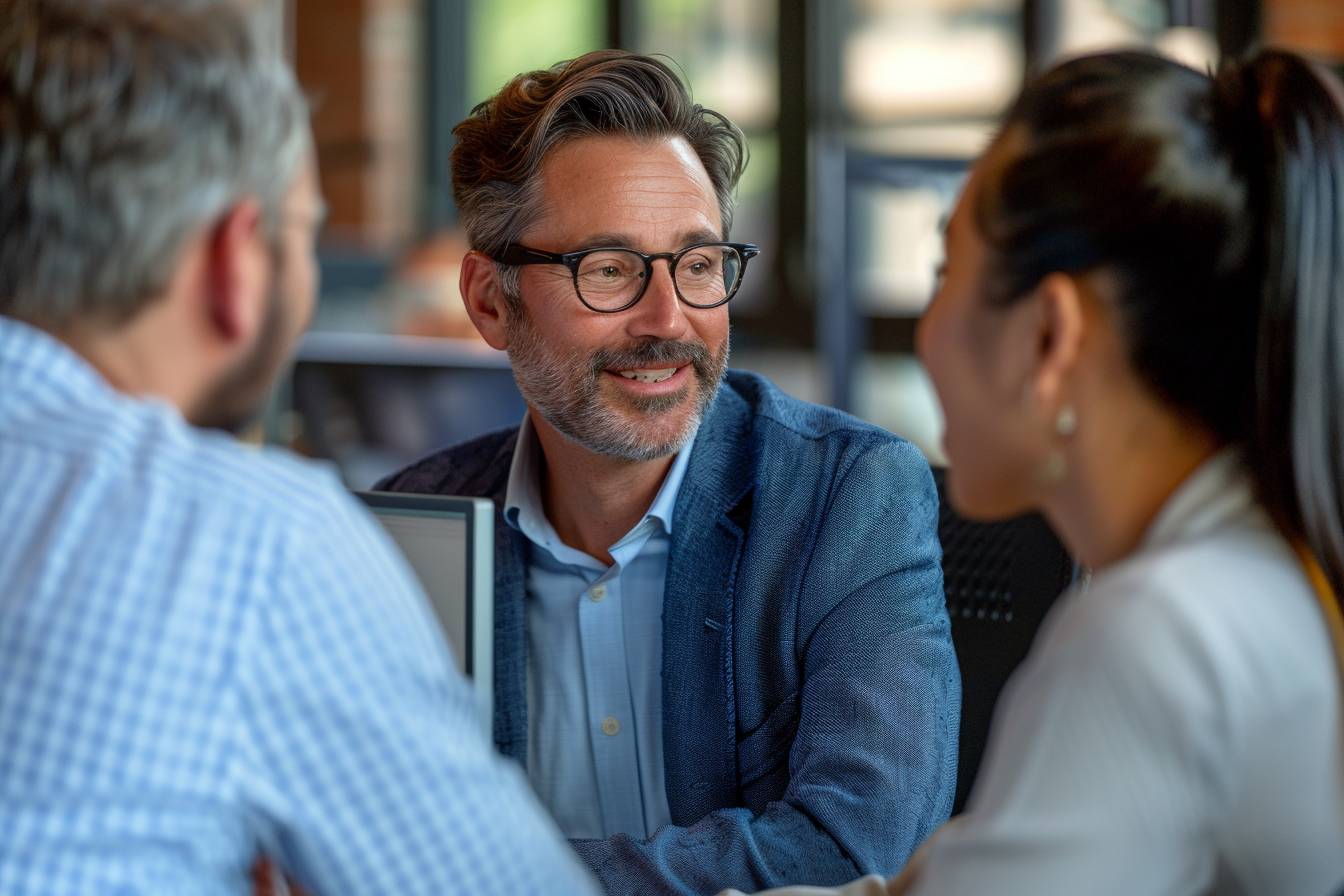 In a modern workspace, a man in a blazer smiles while engaging in conversation with two colleagues, creating a collaborative atmosphere.