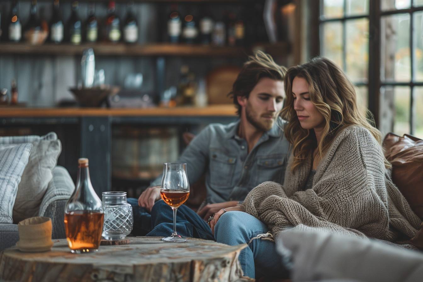 A cozy indoor scene featuring a couple sitting closely together, enjoying drinks on a rustic table, surrounded by warm textures and soft lighting.