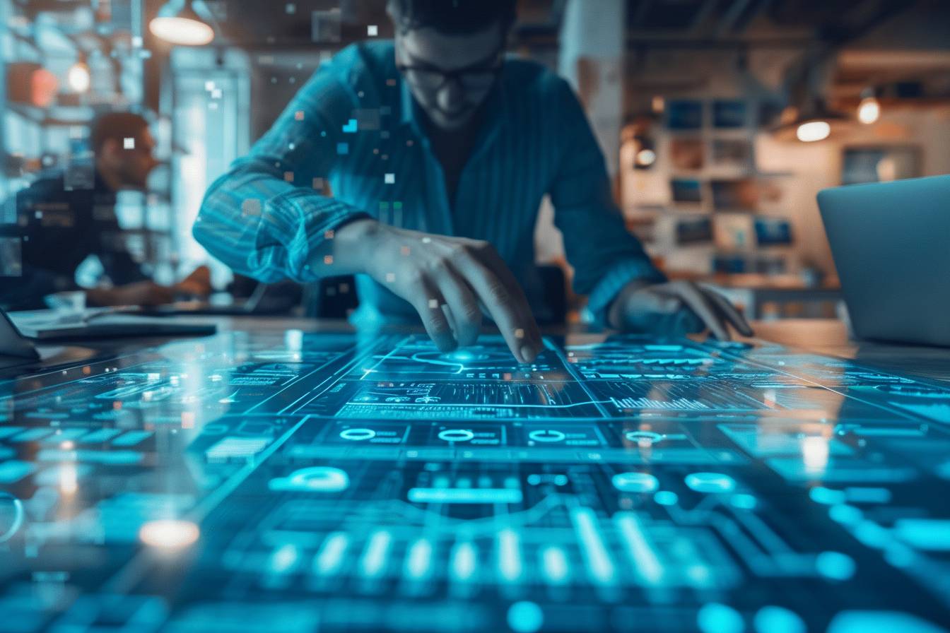 A person interacts with a futuristic transparent touchscreen displaying digital data and analytics, in a modern workspace setting.