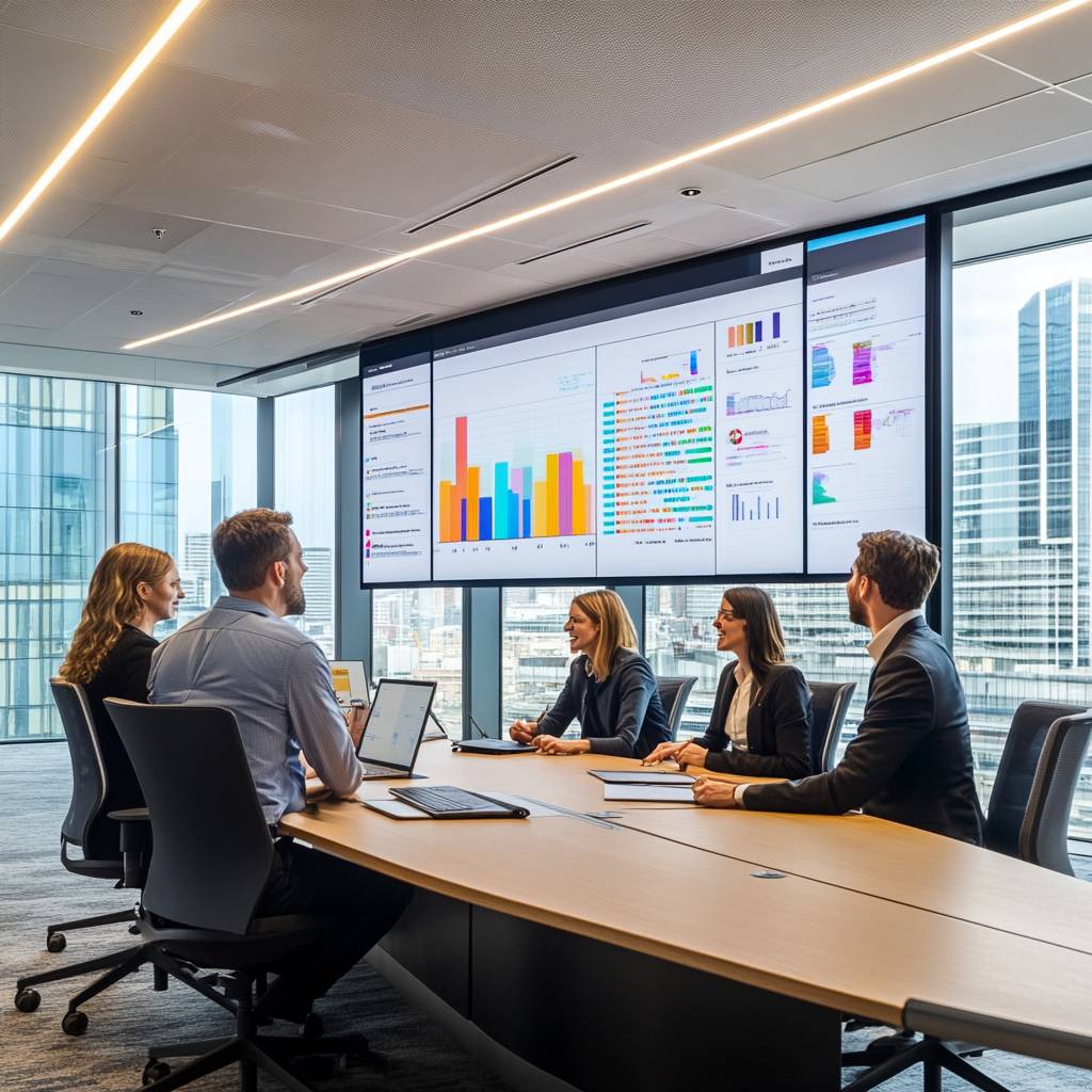 A diverse group of professionals engaged in a meeting around a conference table, discussing data analytics displayed on large screens.