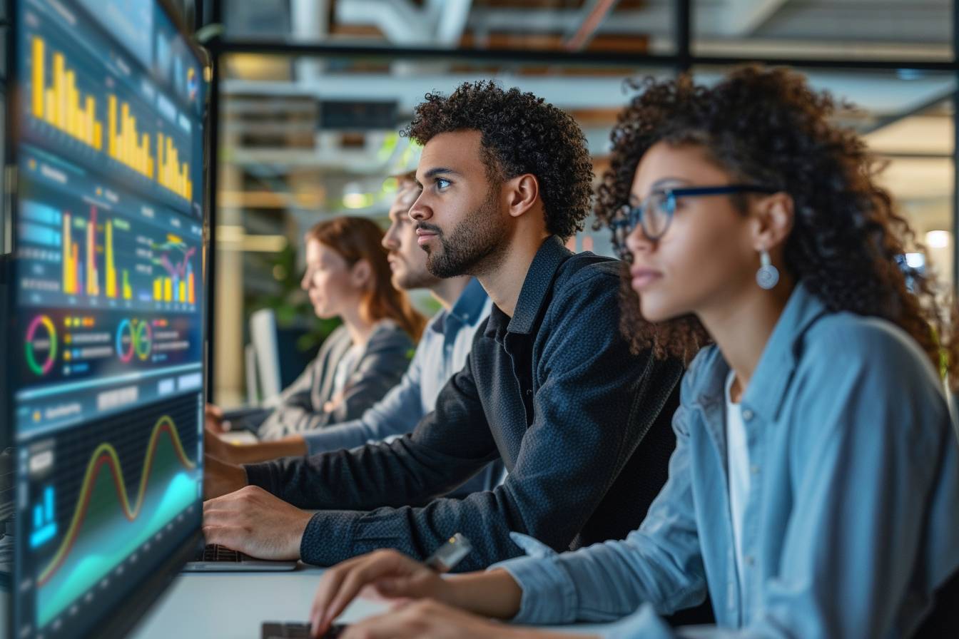 A focused group of diverse individuals analyzing data on large screens in a modern office setting, engaged in collaborative work.