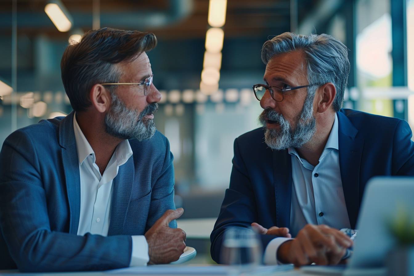 Two middle-aged men with beards and glasses engage in a serious conversation at a modern office table, with a laptop and a glass of water nearby.