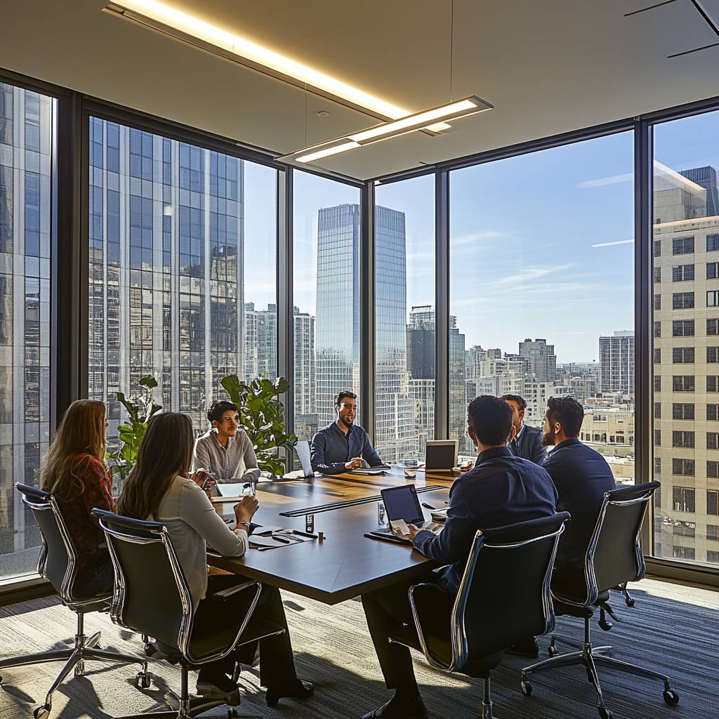 A modern conference room meeting with professionals seated around a large table, city skyline visible through large windows. Bright and collaborative atmosphere.