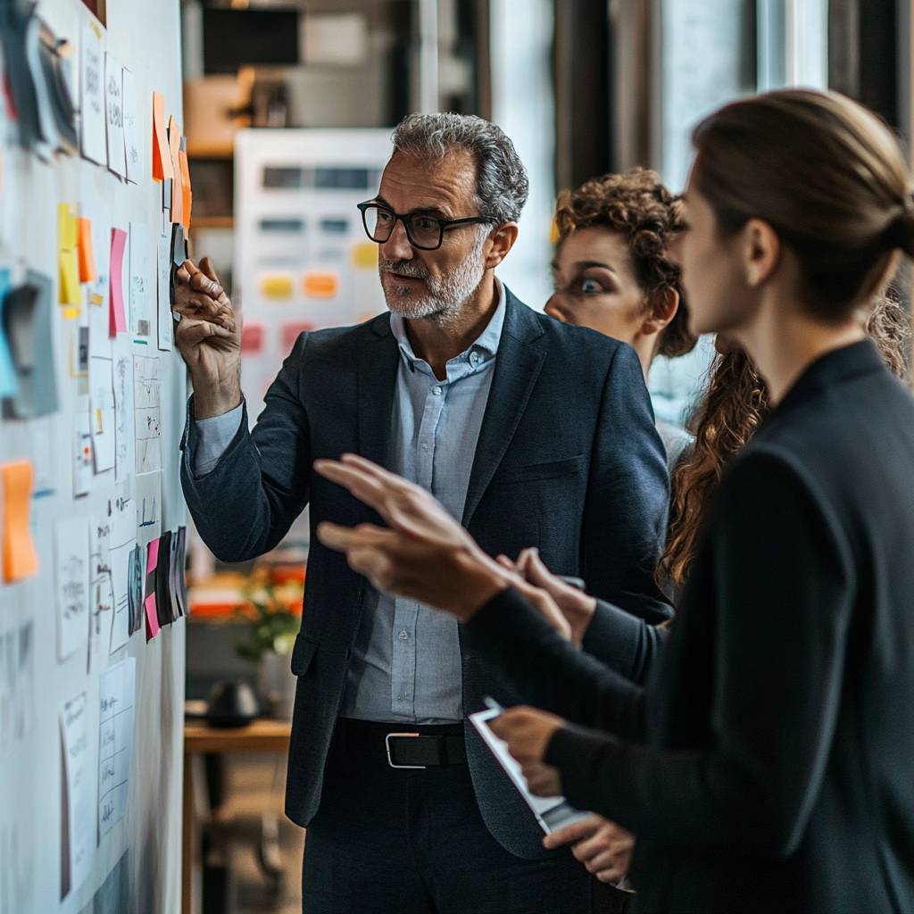 A diverse group of professionals engaged in a brainstorming session, discussing ideas on sticky notes in a modern office setting.