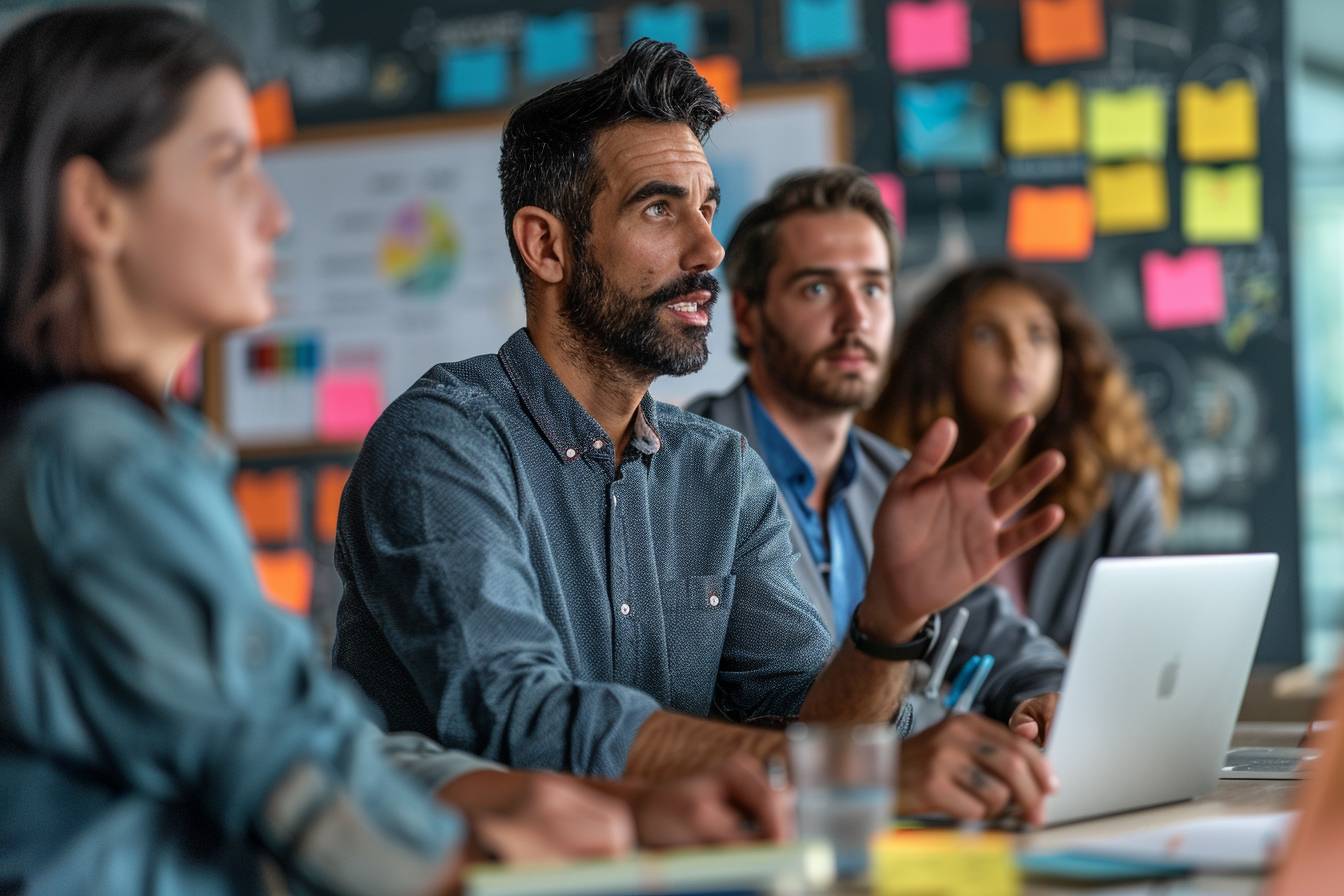 A diverse group of professionals engaged in a meeting, with one man speaking animatedly while others listen attentively in a modern workspace.