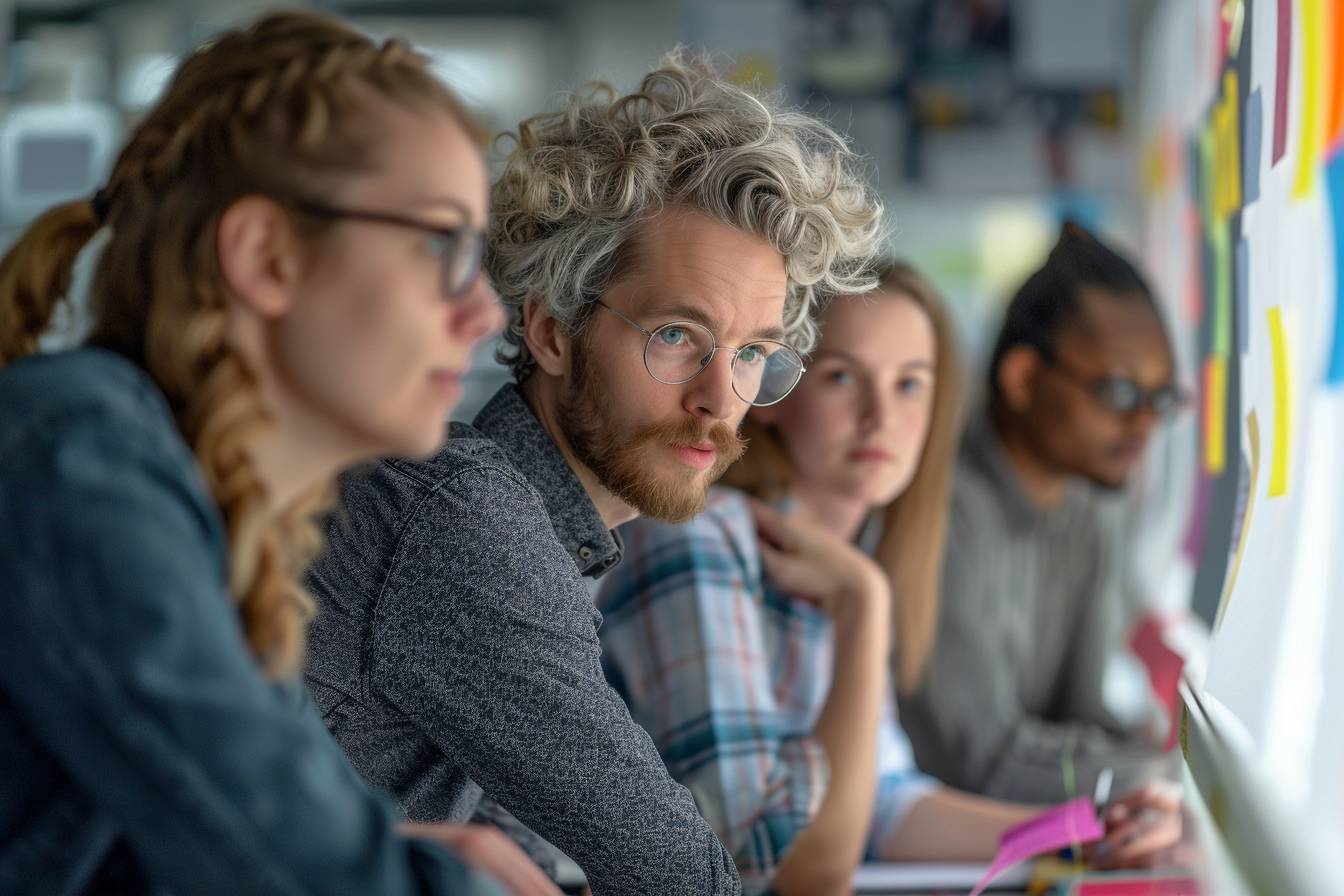 A focused group of four individuals engaged in a brainstorming session, intently looking at colorful sticky notes on a wall.
