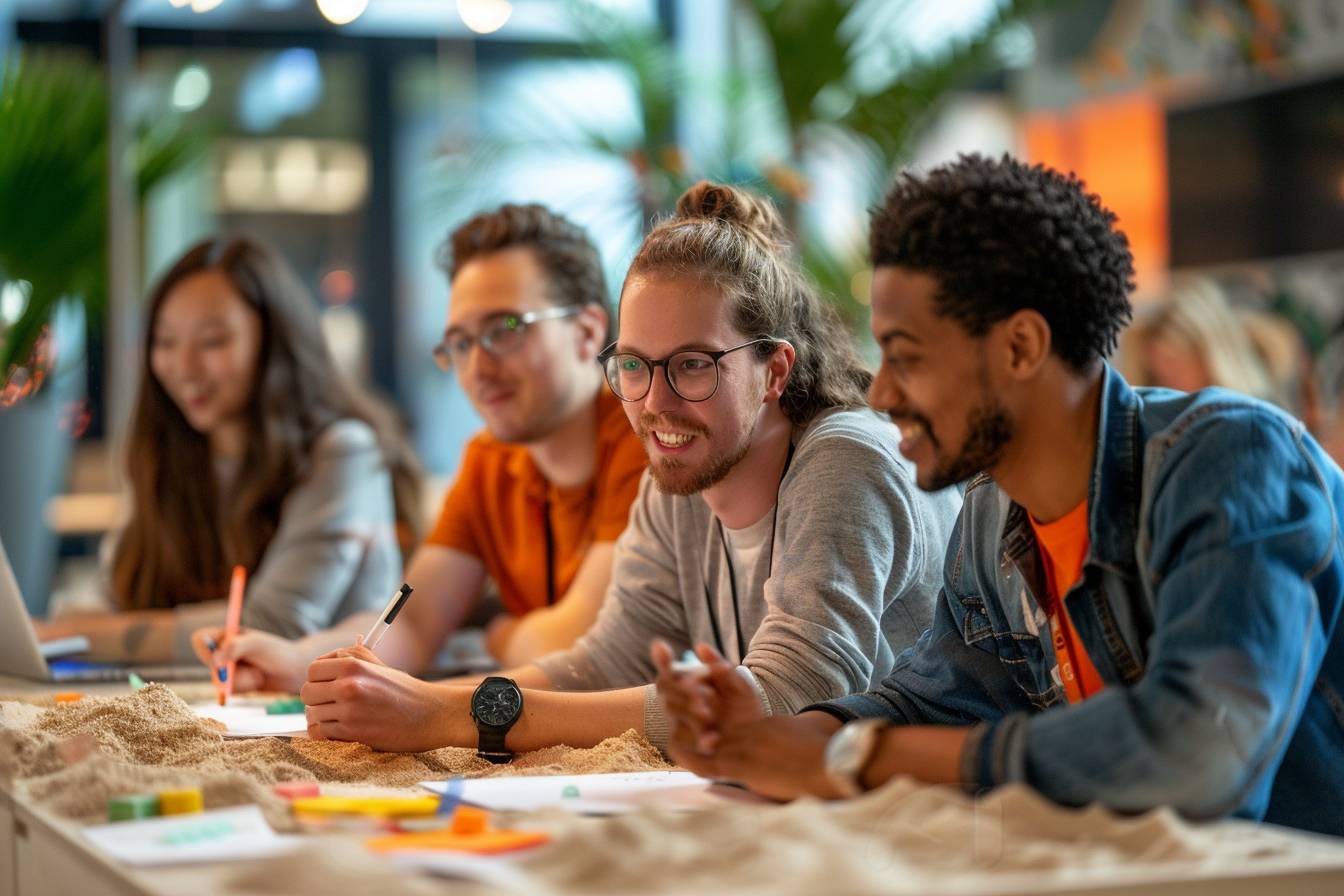 A group of four young adults engaged in a collaborative brainstorming session, surrounded by creative materials and a relaxed, open atmosphere.