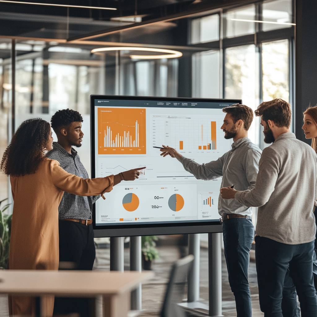 A diverse group of professionals engaged in a discussion around a digital screen displaying various graphs and data visualizations in a modern office setting.