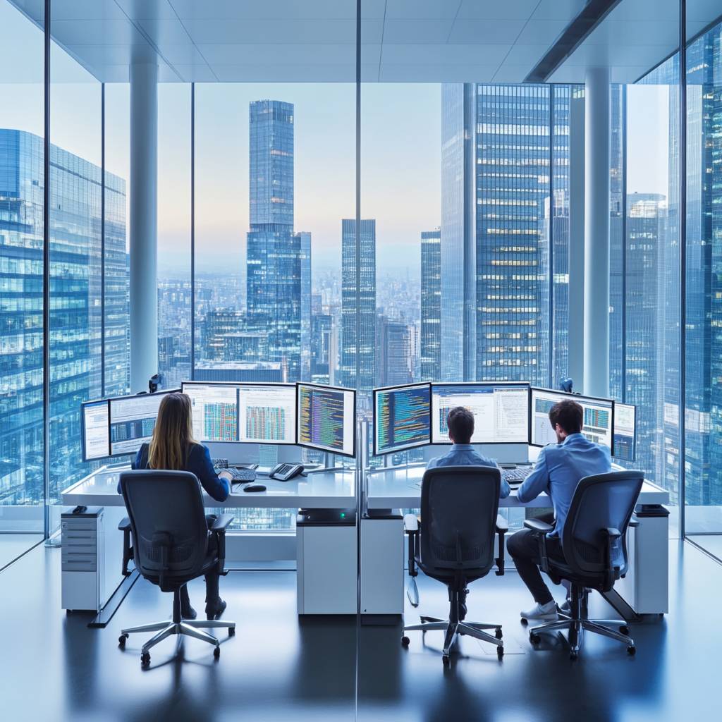 Three professionals work at computer desks in a modern office with large screens, overlooking a city skyline at dusk.