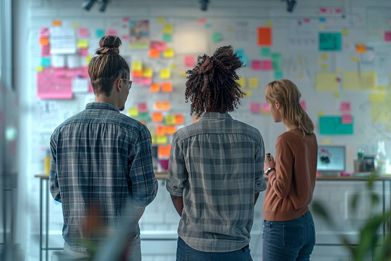 Three people standing in front of a wall covered in colorful sticky notes and documents, engaged in discussion or brainstorming in a creative workspace.