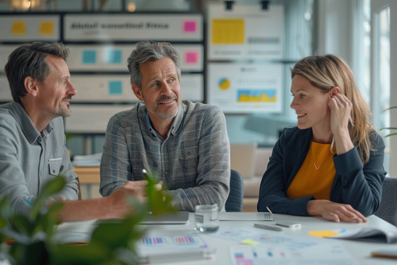 Three professionals are engaged in a discussion around a table filled with documents and charts, with colorful notes in the background.