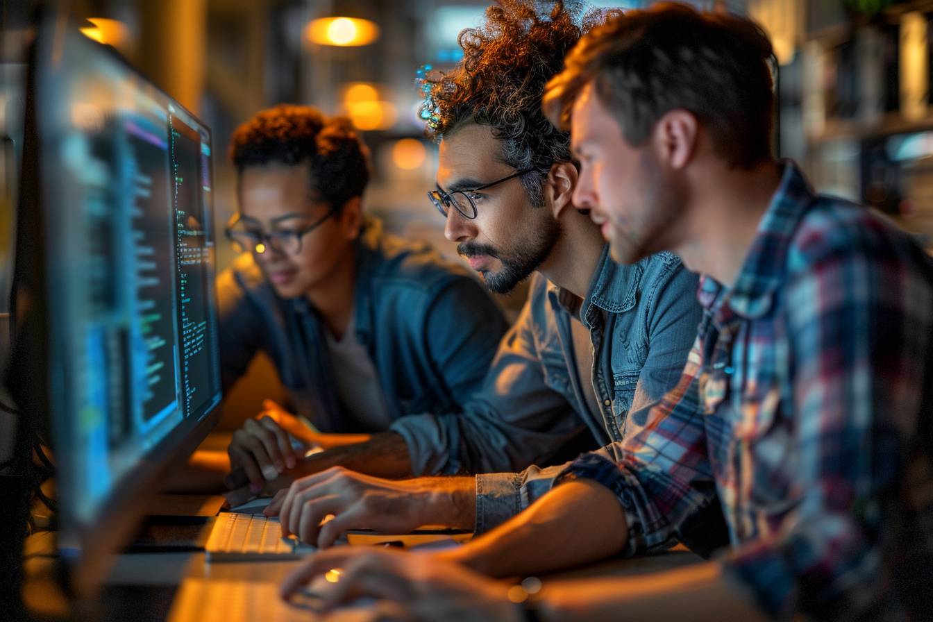 Three individuals are focused on coding at a computer, with illuminated screens displaying lines of code in a collaborative workspace.
