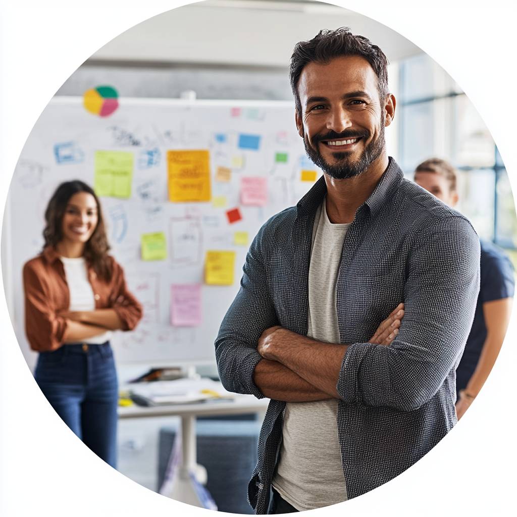 A confident man smiles while standing in an office environment, with colleagues and colorful sticky notes in the background, promoting teamwork.