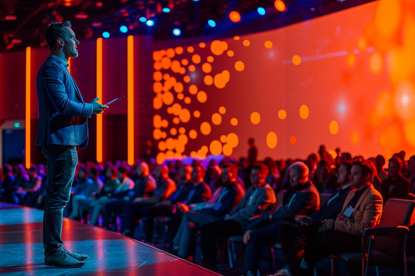 A speaker stands confidently on stage, holding a tablet, addressing an audience illuminated by colorful lights and a vibrant backdrop.