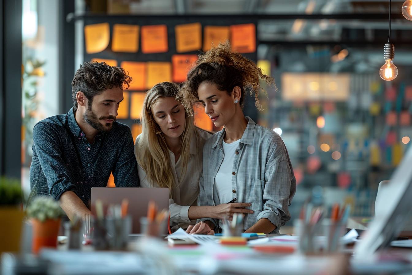 Three colleagues collaborate at a modern workspace, focused on a laptop, surrounded by colorful sticky notes and office supplies.