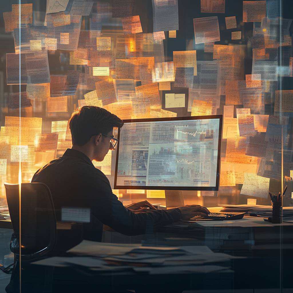 A person working at a computer in a dimly lit room surrounded by numerous sticky notes and papers, focusing intently on the screen.