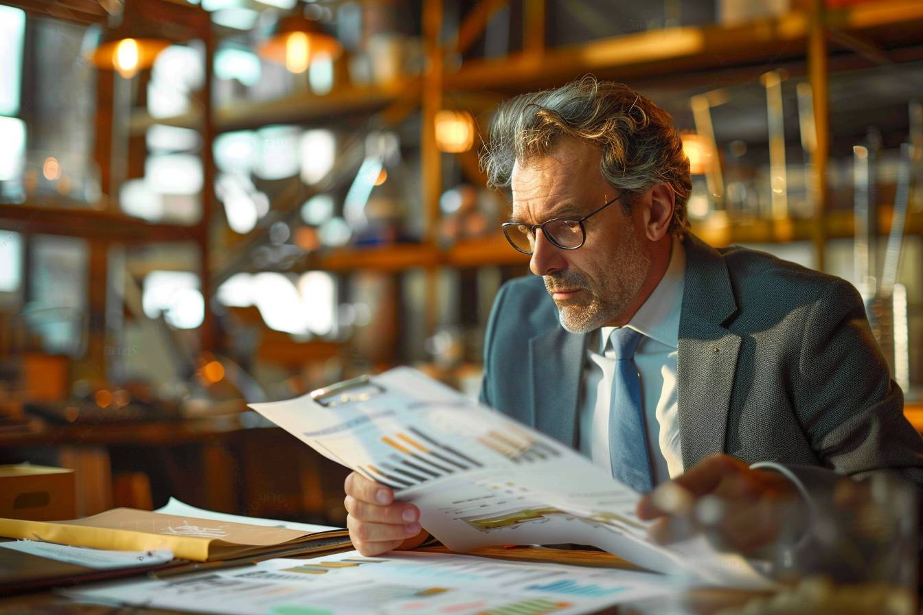 A businessman in a suit intently analyzes printed reports and charts in a well-lit office, surrounded by shelves and decorative items.