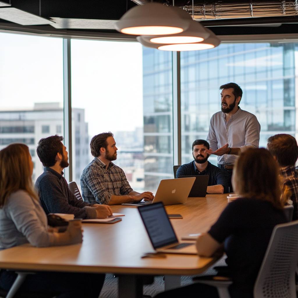 A diverse group of professionals engaged in a meeting, with a leader presenting ideas at a conference table in a modern office setting.