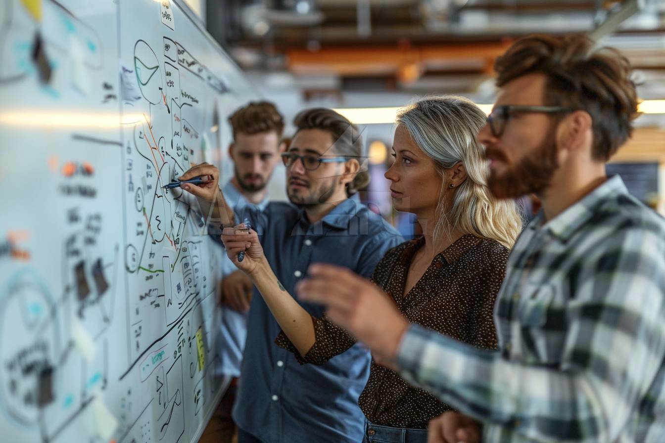 A group of four professionals collaborates on a whiteboard, discussing ideas and illustrations during a brainstorming session in a modern workspace.