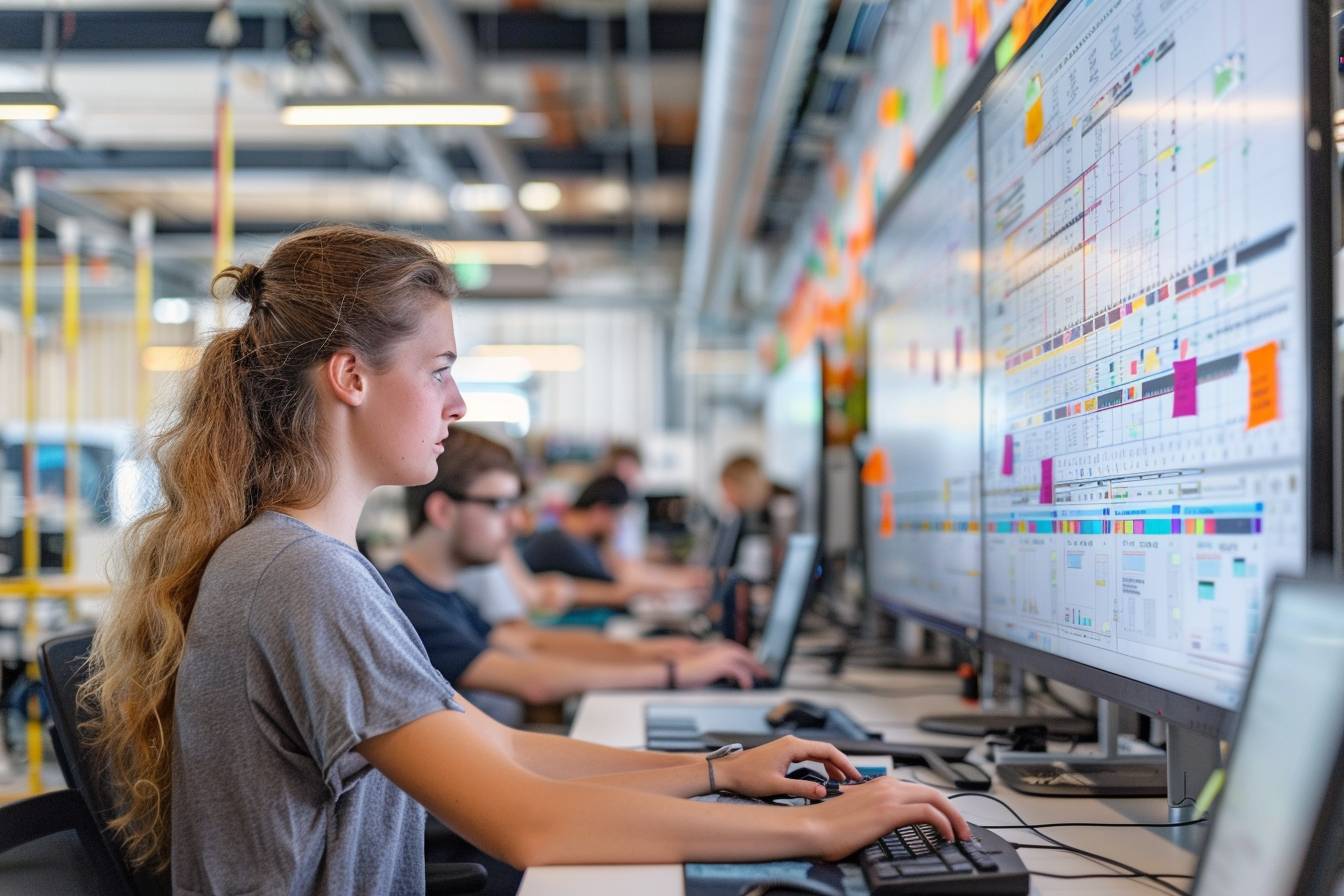 A focused young woman working at a computer in a modern office space, analyzing data on multiple screens with colorful sticky notes in the background.