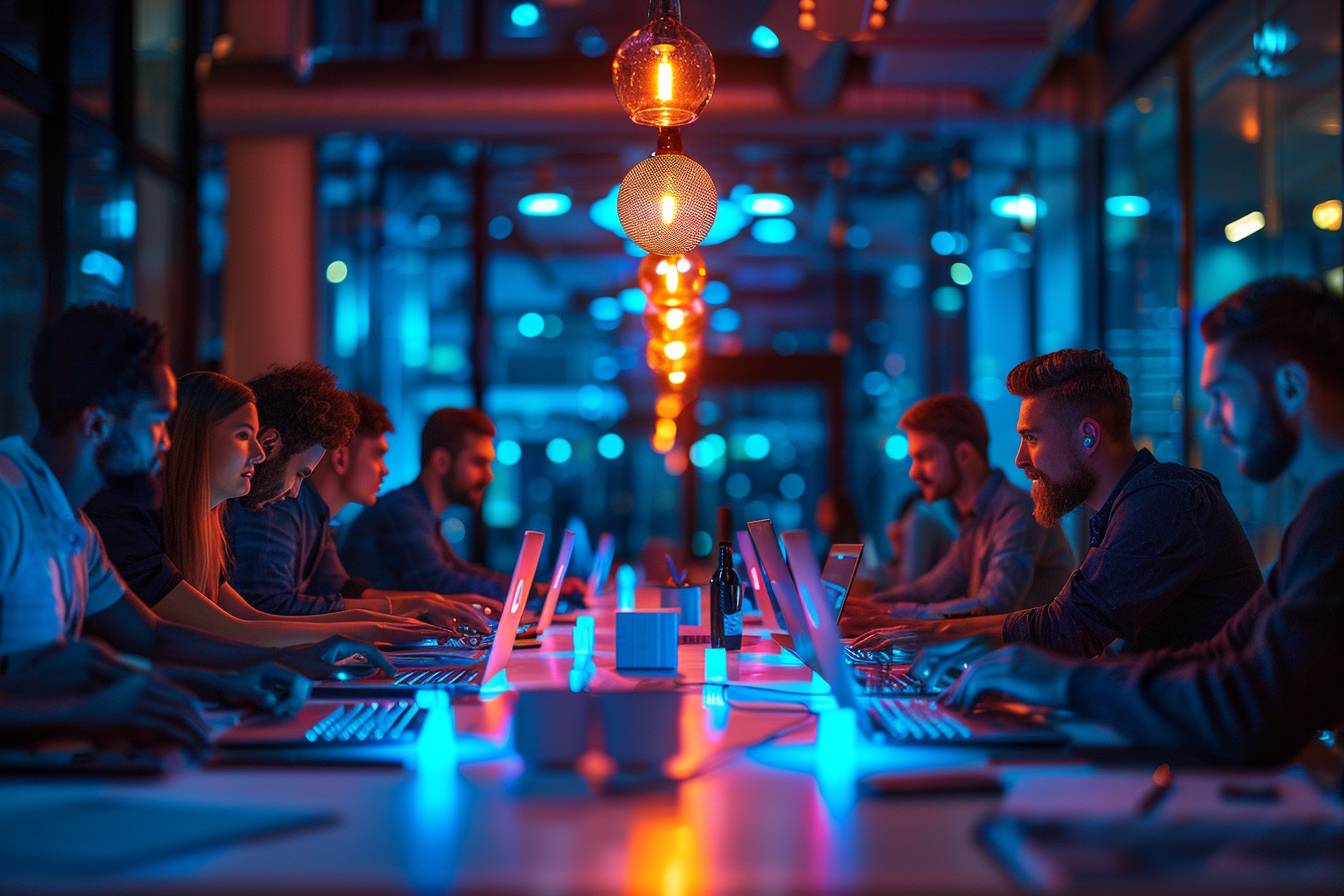 A group of individuals working intently at laptops in a dimly lit, blue-hued office environment, illuminated by hanging light fixtures.