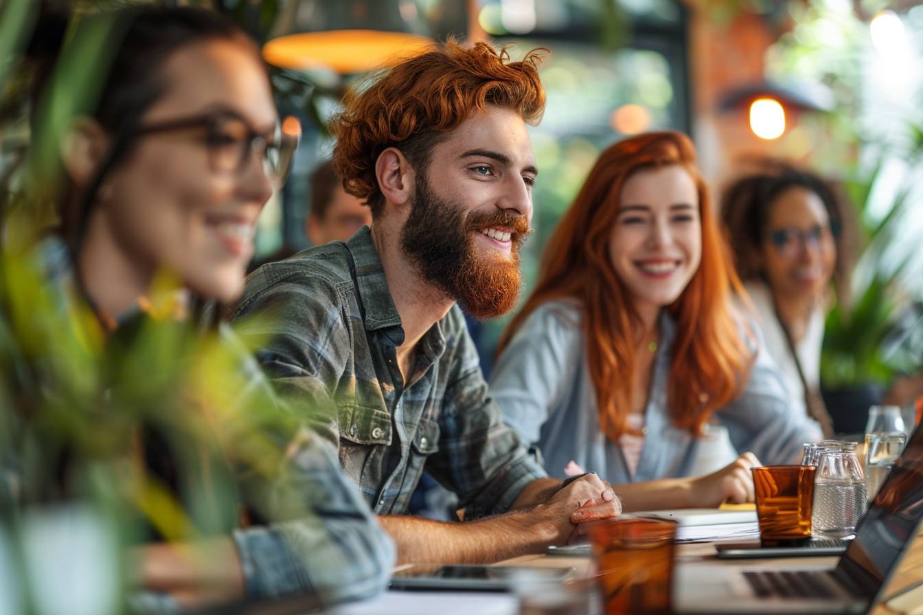 A group of smiling young adults engaged in a discussion at a café, surrounded by plants and natural light, creating a lively atmosphere.
