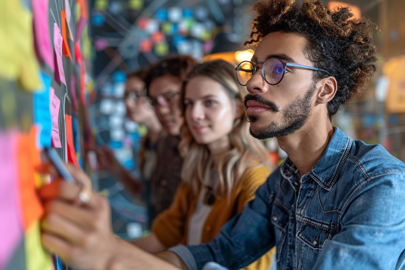 A diverse group of young people collaboratively brainstorming ideas, focused on colorful sticky notes on a wall in a creative workspace.