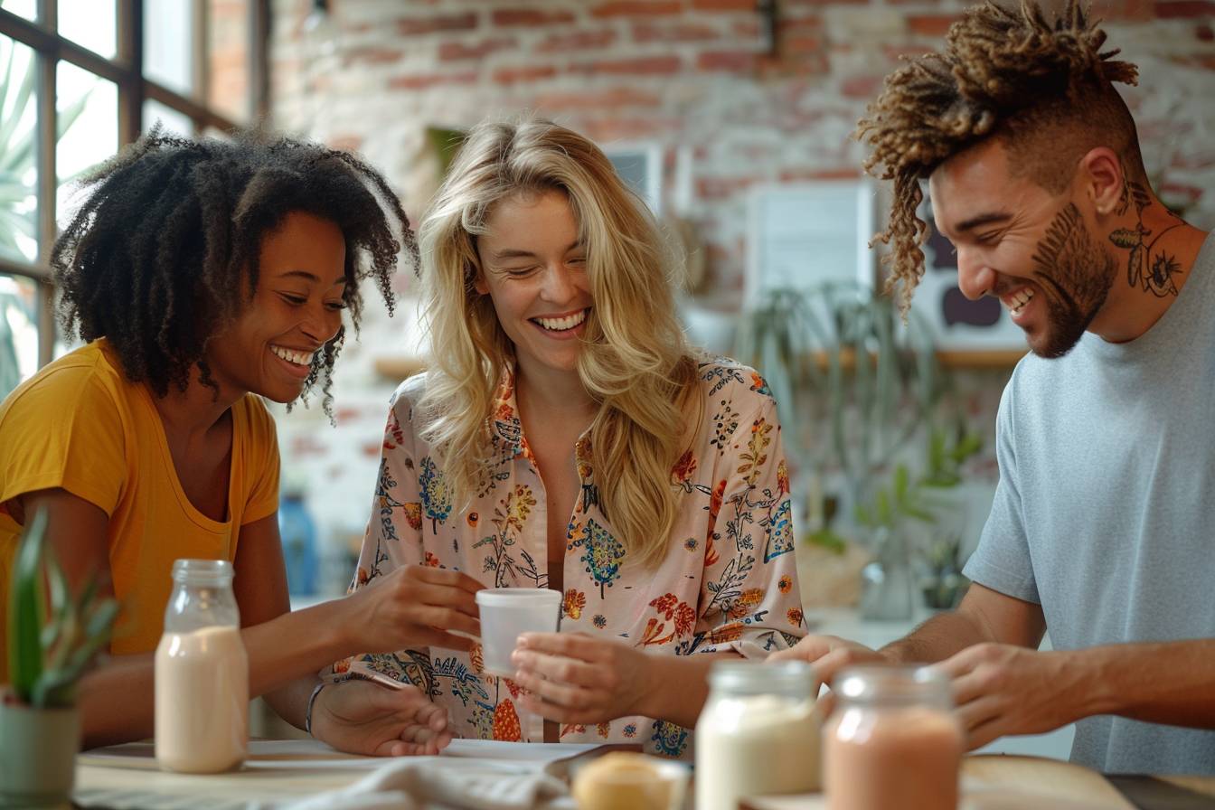 Three friends joyfully share a moment in a bright kitchen, laughing and measuring ingredients from jars, creating a fun atmosphere of camaraderie.