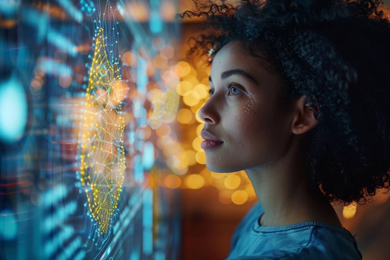 A young woman gazes thoughtfully at digital graphics and data displays, illuminated by warm bokeh lights in a tech-inspired environment.