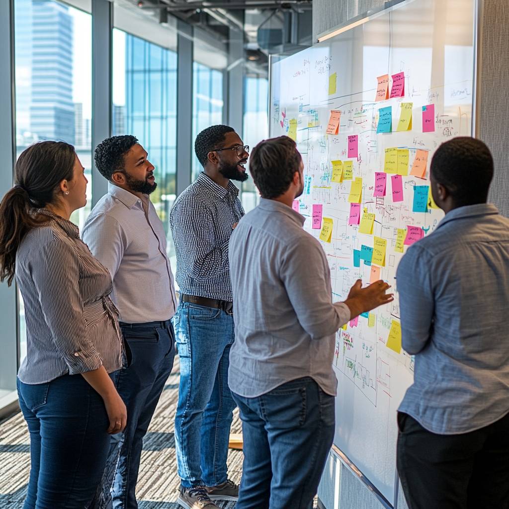 A diverse team collaborates around a whiteboard filled with colorful sticky notes, brainstorming ideas in a modern office environment.