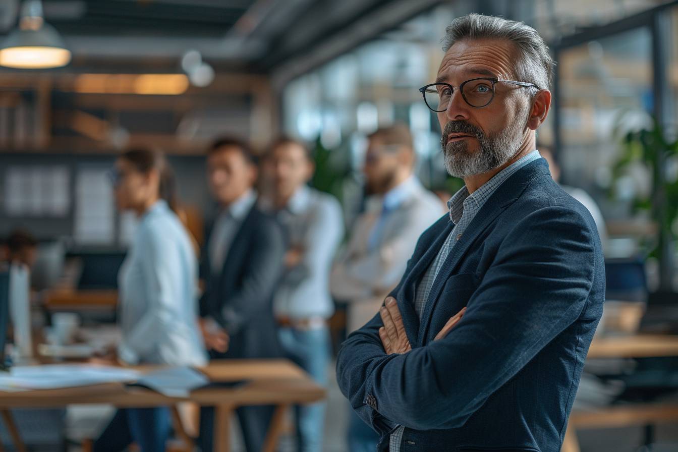 A group of business professionals in an office setting, with a focus on a thoughtful man in formal attire, observing and reflecting.
